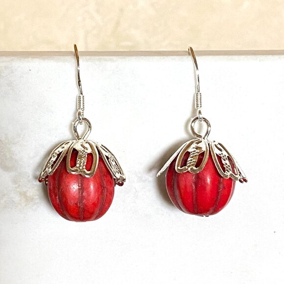 2/20$, Cute Red Pumpkin Drop Earrings, Sterling Silver Hook Dangle Earrings - Picture 1 of 8